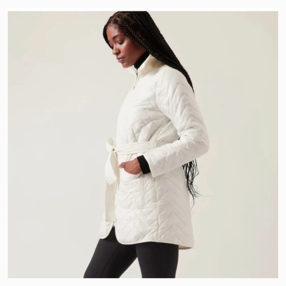 Athleta White Quilted Belted Jacket